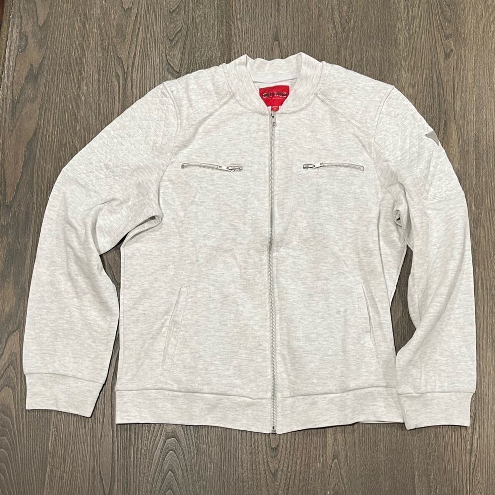 NWOT Guess Mens White Gray Cotton Blend Zip Up Bomber Jacket Size M
